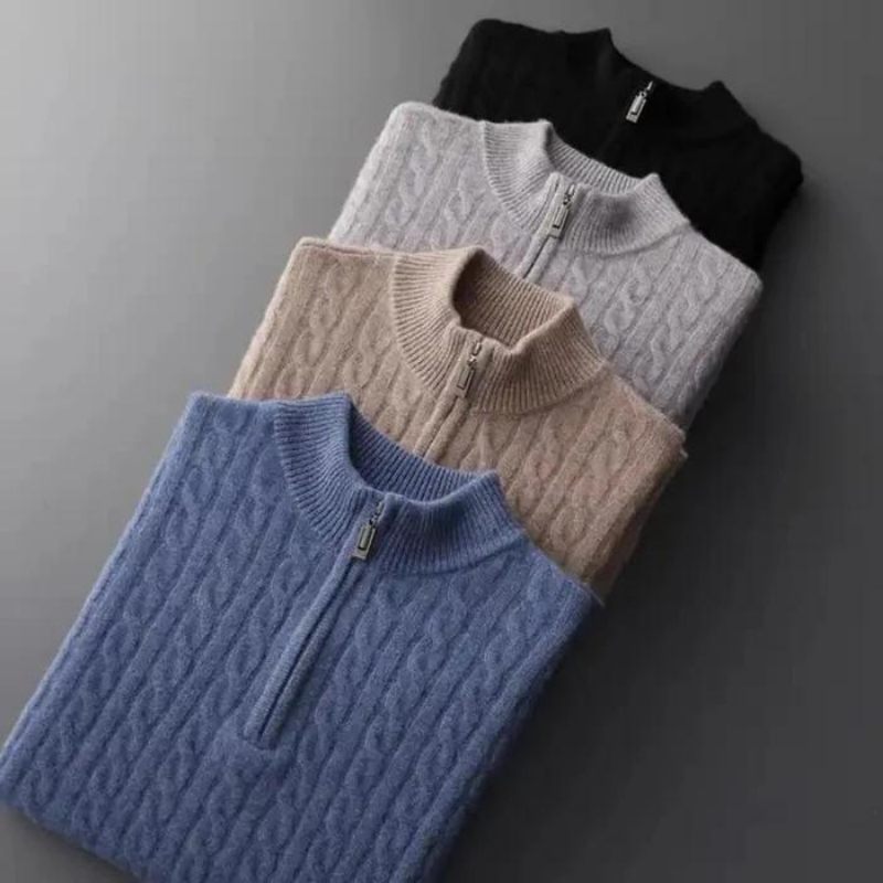 100% CASHMERE WOVEN HALF ZIP